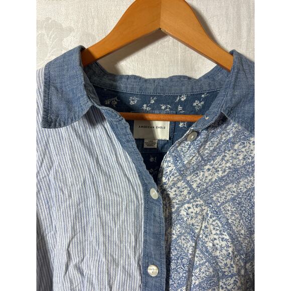 American Eagle Button Up Large Denim Look Floral Patchwork Cotton Linen - Picture 5 of 10